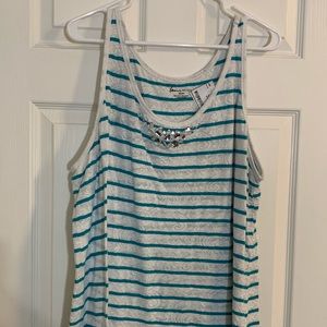 White tank top w/ teal stripes & jewels
